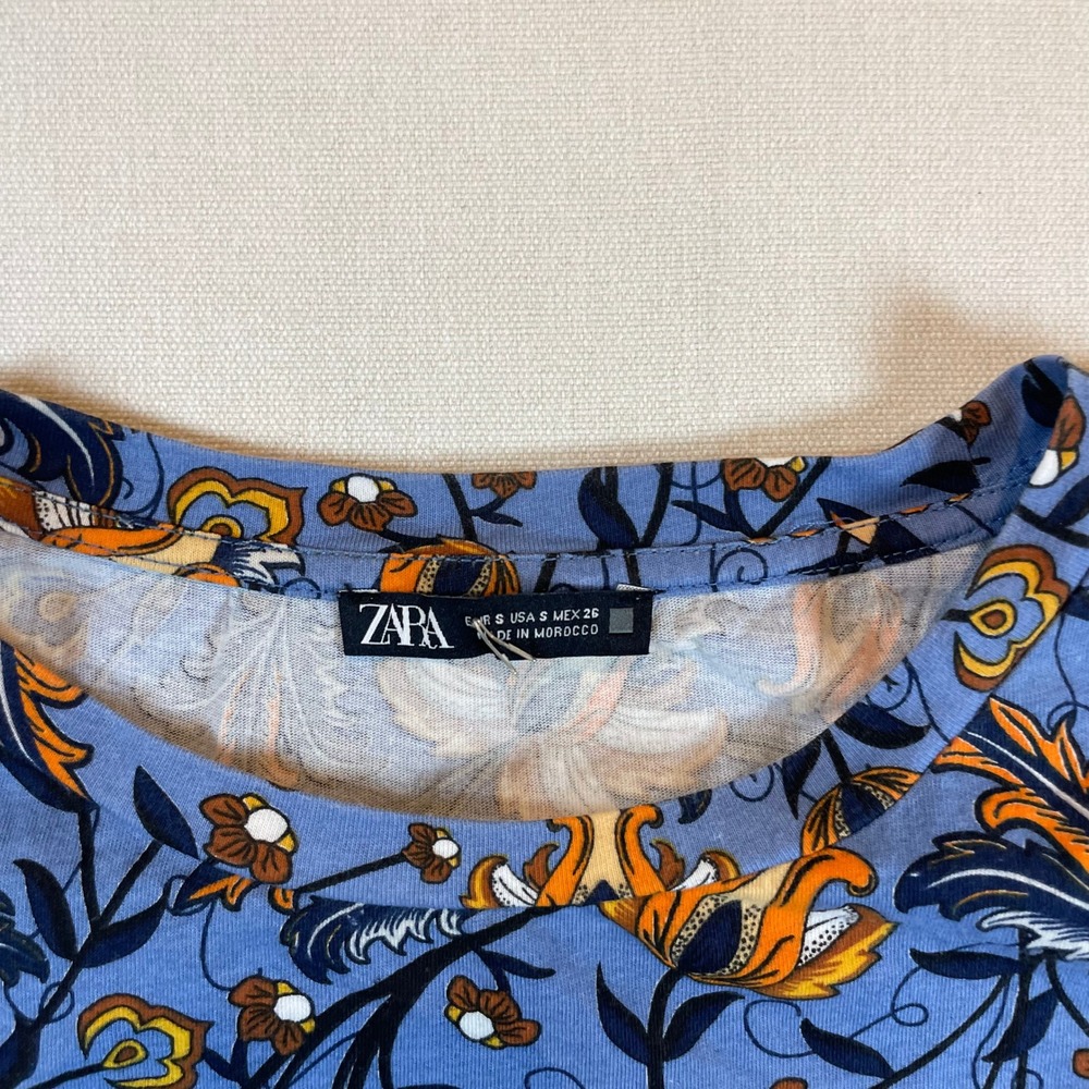 Zara Floral Ruffle Peplum Top Blue Orange Boho Short Sleeve‎ - Size S - Picture 4 of 7